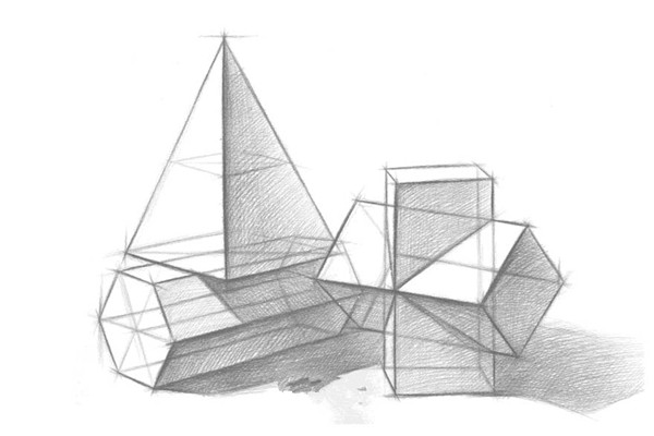 几何体结构素描教程：三棱锥，六面棱体组合写生步骤